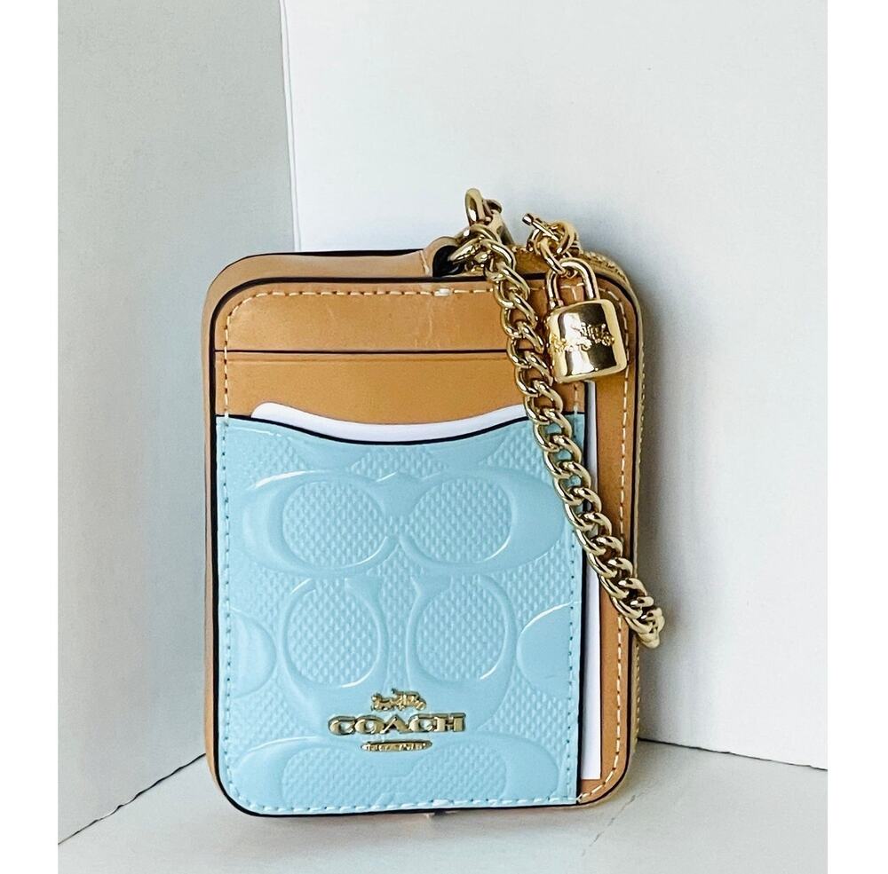 Coach CFA36 Blue Patent Signature Leather Zip Card Case ID Wallet